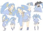  :d absurdres back black_legwear blue_hair character_sheet grin hand_on_hip hands_on_hips highres kneehighs long_hair looking_at_viewer masikakuma multiple_views open_mouth original pleated_skirt sharp_teeth simple_background skirt smile teeth twintails white_background yellow_eyes 