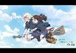 :d bag blue_eyes blue_sky blush broom broom_riding brown_hair cloak cloud commentary_request day diana_cavendish full-face_blush full_body half-closed_eyes highres hug hug_from_behind kagari_atsuko little_witch_academia long_hair long_sleeves luna_nova_school_uniform multiple_girls multiple_riders neck_ribbon official_art open_mouth ribbon school_uniform sidelocks sky smile sweatdrop takeda_naoki white_hair witch yuri 