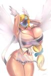  1girl angel armpits arms_behind_head artist_name blonde_hair bow breasts bursting_breasts cleavage curvy elysium gigantic_breasts lips lipstick long_hair mask miniskirt namco ribbon skindentation skirt solo soul_calibur soulcalibur_v thigh_gap thighs white_background wide_hips wings zetarok 