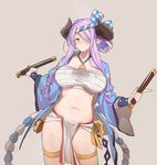  belly blue_eyes blush bow breasts closed_mouth collarbone contrapposto draph drum_master_(granblue_fantasy) drumsticks eyes_visible_through_hair fingernails granblue_fantasy grey_background hachimaki hair_bow hair_over_one_eye headband holding horns k52 large_breasts lavender_hair loincloth long_hair long_sleeves looking_at_viewer midriff narmaya_(granblue_fantasy) nejiri_hachimaki pointy_ears sarashi shiny shiny_clothes shiny_skin simple_background skindentation smile solo standing thigh_strap white_bow wide_sleeves 
