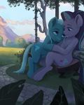  2017 bench cuddling duo equine female friendship_is_magic horn mammal my_little_pony outside raikoh-illust romantic_couple sitting starlight_glimmer_(mlp) tree trixie_(mlp) unicorn 