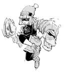  arms_(game) bangs beanie bike_shorts chinese_clothes dragon dragon_(arms) facepaint food full_body greyscale hat leggings legwear_under_shorts looking_at_viewer mask min_min_(arms) monochrome noodles ramram_(arms) short_hair shorts solo 