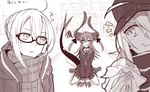  3girls ? ahoge blush clenched_teeth coat eating fate/extra_ccc fate/grand_order fate_(series) glasses hair_bun hat heroine_x heroine_x_(alter) hood horns lancer_(fate/extra_ccc) long_hair monochrome multiple_girls open_mouth scarf school_uniform shoes short_hair skirt tail 
