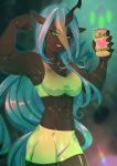  2018 abs anthro bakki blue_hair breasts changeling clothed clothing digital_media_(artwork) eyelashes female friendship_is_magic green_eyes hair midriff my_little_pony navel queen_chrysalis_(mlp) smile solo standing 