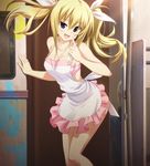  :d apron arimura_hinae blonde_hair blue_eyes bra breasts chaos;child cleavage collarbone eyebrows_visible_through_hair finger_to_mouth floating_hair game_cg hair_ribbon head_tilt highres index_finger_raised long_hair looking_at_viewer medium_breasts nearly_naked_apron official_art open_mouth pink_bra polka_dot polka_dot_bra ribbon sasaki_mutsumi sideboob smile solo twintails underwear very_long_hair white_ribbon 