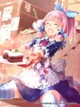  absurdres apron closed_eyes gyakushuu_no_fantasica heart highres kneeling kokka_han messy messy_room open_mouth oven_mitts pink_hair short_hair sitting solo striped striped_legwear thighhighs wariza 