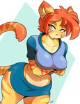  2017 anthro breasts cat chalo clothed clothing feline female green_eyes hair looking_at_viewer loree mammal midriff orange_hair solo stripes 