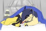  ambiguous_gender bed bedding blanket blue_eyes blush chain fan_character jewelry licking lighter_(character) lopunny necklace nintendo pok&eacute;mon red_eyes tongue tongue_out typhlosion video_games voregence 