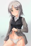  artist_name black_vest brave_witches brown_eyes brown_jacket closed_mouth commentary_request cowboy_shot dress_shirt edytha_rossmann haruhata_mutsuki jacket long_hair long_sleeves looking_at_viewer military military_uniform navel no_pants panties shirt shirt_lift signature silver_hair solo standing twitter_username underwear uniform vest white_panties white_shirt world_witches_series 