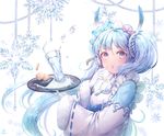  blue_bow blue_eyes blue_hair blush borrowed_design bow cup drinking_glass drinking_straw eyebrows_visible_through_hair finger_to_mouth hair_bow hatsune_miku holding holding_tray long_hair looking_at_viewer open_mouth ozzingo pink_bow snowflakes solo tray vocaloid yuki_miku 