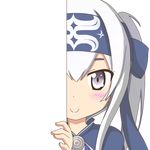  ainu_clothes blue_eyes cropped_jacket eyebrows_visible_through_hair folded_ponytail headband kamoi_(kantai_collection) kantai_collection long_hair looking_at_viewer nagineko peeking_out sidelocks solo transparent_background upper_body white_hair wrist_guards 