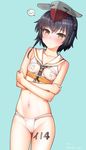  :&lt; artist_name ass_visible_through_thighs between_breasts black_hair blue_background blush body_writing breast_cutout breasts brown_eyes cameltoe cowboy_shot crossed_arms dated dutch_angle eyebrows_visible_through_hair fundoshi hat headphones i-14_(kantai_collection) japanese_clothes kantai_collection kanzaki_muyu navel pasties sailor_collar short_hair simple_background small_breasts solo speech_bubble twitter_username 