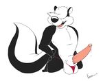  animal_genitalia anthro balls clothing emenius erection fur hair hands_on_hip kneeling looney_tunes mammal muscular open_mouth panties penis pitu_le_pew precum sheath signature simple_background skunk smile solo tapering_penis underwear warner_brothers 