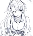  asymmetrical_bangs bangs beatrix_(granblue_fantasy) breasts cleavage commentary_request dated gauntlets granblue_fantasy greyscale hair_ornament large_breasts long_hair monochrome motitoy solo upper_body white_background 
