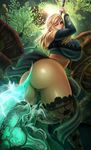  1girl ass axe blade_&amp;_soul blonde_hair blue_eyes breasts curvy gon_(blade_&amp;_soul) huge_ass huge_breasts long_hair looking_back pants plump shiny shiny_skin weapon 