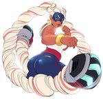  arms_(game) ass bare_shoulders blonde_hair bracelet breasts chilla_(arms) clenched_hands dark_skin drill_hair earrings fighting_stance green_eyes hips jewelry lips lipstick long_hair looking_at_viewer makeup mask medium_breasts muscle simple_background sleeveless sleeveless_turtleneck solo thighs turtleneck twin_drills twintelle_(arms) venusflower very_long_hair white_background 
