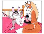  1997 anthro bdsm bed blue_eyes bondage bound buckteeth buttplug canine dildo domination duo english_text female female/female female_domination flat_chested fox fur gloves_(marking) grey_eyes grey_fur half-closed_eyes imminent_sex interspecies kneeling lagomorph lube lying mammal markings multicolored_fur nude on_back orange_fur pillow predator/prey pussy rabbit rope rope_bondage sex_toy shocked simple_background smile spread_eagle spread_legs spreading strappon teeth text tim_o&#039;rourke two_tone_fur white_background white_fur 