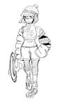  arms_(game) bangs beanie bike_shorts chinese_clothes facepaint food full_body greyscale hat leggings legwear_under_shorts looking_at_viewer mask min_min_(arms) monochrome noodles ramram_(arms) short_hair shorts solo 