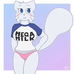  anthro big_breasts bikini bittersweet_candy_bowl blue_eyes blush breasts cat clothed clothing dawnvula english_text feline female fur lucy_(bcb) mammal mega_milk meme panties shirt simple_background smile solo standing swimsuit teenager text underwear white_fur young 