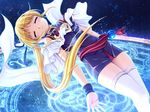  bangs bare_shoulders bekkankou blonde_hair blush closed_eyes closed_mouth cynthia_marguerite game_cg long_hair magic_circle sleeveless solo thighhighs white_legwear wristband yoake_mae_yori_ruri_iro_na zettai_ryouiki 