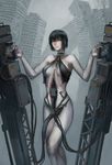  black_hair cable choker cyborg highres holding jittsu machinery mechanical_parts orange_eyes original pale_skin panties ruins short_hair subdermal_port underwear zipper zipper_panties 