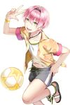  :d ball black_shorts earrings green_eyes hairband hawaiian_shirt highres jewelry looking_at_viewer male_focus open_mouth pink_hair sage_(soccer_spirits) sandals shirt shorts smile soccer_ball soccer_spirits solo standing standing_on_one_leg star star_earrings transparent_background tuuuh 