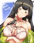  bare_shoulders black_hair blush bra breasts closed_mouth commentary_request covered_nipples eyebrows_visible_through_hair green_eyes hair_ornament hair_tubes head_tilt japanese_clothes kantai_collection large_breasts long_hair looking_at_viewer mizuho_(kantai_collection) off_shoulder red_ribbon ribbon sidelocks smile solo twitter_username underwear upper_body very_long_hair yakitomeito 