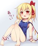  arm_support baku-p bangs bare_arms bare_legs barefoot blonde_hair blush crystal fang flandre_scarlet full_body highres hot knees_together_feet_apart leaning_back long_hair looking_at_viewer one-piece_swimsuit open_mouth red_eyes ribbon school_swimsuit side_ponytail sitting solo strap_slip sweat swimsuit touhou wings 