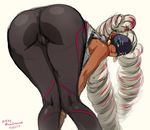  arms_(game) artist_name ass bare_shoulders bent_over blonde_hair bracelet breasts cameltoe dark_skin dated drill_hair earrings green_eyes hips jewelry lips long_hair looking_at_viewer looking_back mask medium_breasts mina_cream simple_background smile solo thighs twin_drills twintelle_(arms) very_long_hair yellow_background 