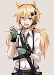  :d androgynous animal_ears bad_id bad_pixiv_id blonde_hair blue_eyes blush commentary fang fingerless_gloves genderswap genderswap_(ftm) girls_frontline glint gloves green_gloves green_neckwear gun hair_between_eyes hair_ornament hairclip headset holding holding_gun holding_weapon idw_(girls_frontline) long_hair looking_at_viewer low_twintails lowleg lowleg_pants male_focus necktie open_mouth pants parker-hale_idw shijiu_(adamhutt) shirt smile solo submachine_gun suppressor twintails upper_body weapon white_shirt 