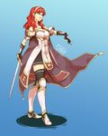  boots celica_(fire_emblem) fingerless_gloves fire_emblem fire_emblem_echoes:_mou_hitori_no_eiyuuou fire_emblem_gaiden gloves highres holding holding_sword holding_weapon red_hair smile solo sword thighhighs weapon 