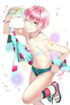  ;) drinking_straw earrings green_eyes hairband hand_on_hip highres ice ice_cube jewelry looking_at_viewer male_focus male_swimwear midriff navel one_eye_closed petals pink_hair sage_(soccer_spirits) sandals shirtless smile soccer_spirits solo standing standing_on_one_leg star star_earrings swim_briefs swimwear transparent_background tuuuh wet 