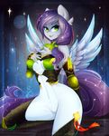  anthro armor breasts equine eyelashes fan_character feathered_wings feathers featureless_crotch fur green_eyes grey_feathers grey_fur kneeling koveliana mammal my_little_pony pegasus smile wide_hips wings 
