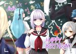  4girls black_gloves black_ribbon black_skirt blonde_hair blue_hair blurry breasts chalkboard closers collarbone commentary_request dated depth_of_field formal gloves grey_hair hair_ribbon hand_on_own_chest happy_birthday harpy_(closers) high-waist_skirt indoors large_breasts lavender_hair levia_(closers) long_hair looking_at_viewer looking_back multiple_boys multiple_girls nata_(closers) neckerchief orange_eyes pleated_skirt purple_eyes red_neckwear ribbon school_uniform serafuku shaojiang short_sleeves silver_hair skirt solo_focus suit tina_(closers) 