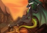  2017 ambiguous_gender anthro claws day detailed_background digitigrade dragon green_eyes horn lycangel membranous_wings nude rock scalie sitting solo spines western_dragon wings 