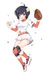  ahoge araragi_tsukihi ball baseball baseball_mitt belt black_hair blue_eyes blush breasts egg_hair_ornament eyebrows_visible_through_hair food_themed_hair_ornament hair_ornament holding holding_ball knee_pads kneehighs looking_at_viewer medium_breasts monogatari_(series) open_mouth pingo red_legwear short_hair skirt smile solo white_skirt 