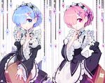  apron black_ribbon blue_hair breasts choker cleavage detached_sleeves finger_to_mouth hair_over_one_eye hair_ribbon hand_on_hip head_wreath highres hwansang index_finger_raised looking_at_viewer maid medium_breasts multiple_girls neck_ribbon parted_lips pink_hair pink_ribbon purple_ribbon ram_(re:zero) re:zero_kara_hajimeru_isekai_seikatsu red_eyes rem_(re:zero) ribbon ribbon-trimmed_dress ribbon-trimmed_sleeves ribbon_trim short_hair siblings sisters smile standing striped striped_background twins 