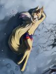  amber_eyes anthro barefoot blonde_hair canine clothed clothing detailed_background digitigrade ear_piercing eyelashes fluffy fluffy_tail fox fruitbloodmilkshake fur hair lying male mammal piercing solo topless yellow_fur 