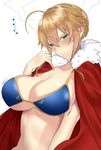  1girl ahoge artoria_pendragon_(all) artoria_pendragon_(lancer) bangs bikini_top blonde_hair blue_bikini_top blush bouncing_breasts braid breasts cape cleavage closed_mouth collarbone embarrassed eyebrows_visible_through_hair fate/grand_order fate_(series) fingernails french_braid fur-trimmed_cape fur_trim green_eyes hair_between_eyes hair_bun hand_up highres large_breasts long_fingernails looking_at_viewer onineko-chan red_cape short_hair sidelocks simple_background solo sweatdrop underboob upper_body white_background 