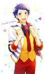  :d adjusting_clothes blue_hair blush cowboy_shot flying_sweatdrops ichijou_shin idol jacket king_of_prism_by_prettyrhythm looking_at_viewer male_focus necktie open_clothes open_jacket open_mouth pants patterned_background pretty_rhythm red_eyes red_neckwear shiron_(shiro_n) smile solo song_name waistcoat 