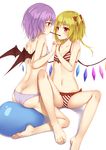  ass ball bangs bare_legs bare_shoulders barefoot bat_wings bikini blonde_hair bow breasts collarbone exercise_ball feet flan_(seeyouflan) flandre_scarlet food hair_bow highres holding_hands incest interlocked_fingers multiple_girls navel pocky pocky_kiss purple_bikini purple_hair red_bikini red_bow red_eyes remilia_scarlet shared_food siblings side-tie_bikini simple_background sisters sitting small_breasts stomach striped striped_bikini swimsuit touhou white_background wings yuri 