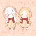  2girls :&gt; abigail_williams_(fate/grand_order) animal_earmuffs bangs black_bow black_legwear blonde_hair blush_stickers boots bow brown_footwear brown_mittens brown_sweater chibi closed_mouth commentary_request earmuffs eyebrows_visible_through_hair fate/grand_order fate_(series) forehead hair_between_eyes hair_bow hand_holding highres horn lavinia_whateley_(fate/grand_order) long_hair long_sleeves looking_at_viewer mittens multiple_girls orange_bow pantyhose parted_bangs polka_dot polka_dot_bow posotoposoto ribbed_sweater sidelocks solid_circle_eyes sweater very_long_hair white_hair 