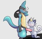  2017 3_fingers alolan_meowth ambiguous_gender anthro balls bed black_fur blue_fur blush cat cum cum_drip cum_on_arm cum_on_penis digitalpelican dripping duo embarrassed fangs feline fur grey_background grey_fur hand_on_neck hand_on_penis holding_penis kneeling looking_away lucario male male/ambiguous mammal multicolored_fur nintendo nude open_mouth penis pok&eacute;mon premature_ejaculation raised_tail red_eyes regional_variant simple_background size_difference spikes standing sweat video_games yellow_fur 
