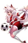  animal_ears armband ball bike_shorts breasts cleavage floral_print full_body highres leg_wrap long_hair looking_back medium_breasts official_art open_mouth red_eyes red_footwear red_shorts ripa_(soccer_spirits) shoes shorts sneakers soccer_ball soccer_spirits solo tail tattoo transparent_background white_hair 