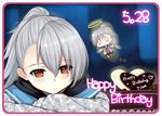  asymmetrical_bangs bangs blush cake chibi chocolate chocolate_cake chocolate_heart closed_mouth closers commentary_request crossed_arms dated eyebrows_visible_through_hair food grey_hair hair_over_one_eye halo happy_birthday heart orange_eyes ponytail shaojiang silver_hair tina_(closers) 