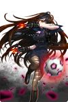  ball belt black_footwear boots brown_hair comiccho crovia_(soccer_spirits) fingerless_gloves gloves gun highres holster knee_boots long_hair looking_to_the_side necktie official_art pantyhose red_eyes skull soccer_ball soccer_spirits solo standing standing_on_one_leg striped striped_neckwear studded_bracelet tattoo torn_clothes torn_legwear transparent_background very_long_hair weapon 
