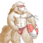  abs armband biceps bulge canid canine canis clothing digital_media_(artwork) ear_piercing hat lifeguard lifesaver male mammal mane mostly_nude muscular muscular_male nipples pecs piercing radonryu simple_background solo speedo standing swimsuit underwear wolf 