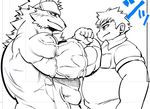 abs anthro back_muscles biceps black_nose body_hair canine chest_hair clothing eye_contact fur hair hatake headband horkeukamui huge_muscles human japanese japanese_text male mammal muscular overweight shirt size_difference sketch smile snout text tokyo_afterschool_summoners triceps vein veiny_muscles 