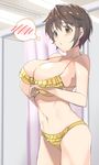  bikini blush breasts brown_eyes brown_hair cleavage closed_mouth cowboy_shot fitting_room frilled_bikini frills hands_on_own_chest haruichi huge_breasts idolmaster idolmaster_cinderella_girls indoors navel oikawa_shizuku short_hair skindentation solo spoken_blush swimsuit thought_bubble yellow_bikini 