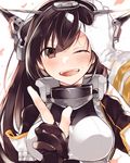  admiral_(kantai_collection) black_gloves black_hair brown_eyes close-up commentary_request gloves hand_on_another's_head headgear kantai_collection karomura long_hair nagato_(kantai_collection) one_eye_closed open_mouth partly_fingerless_gloves remodel_(kantai_collection) smile solo_focus upper_body white_gloves 